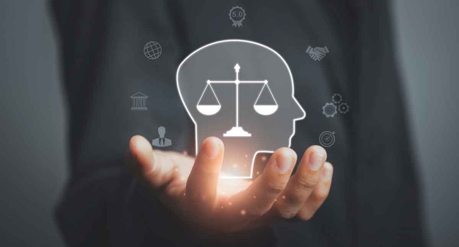 Business ethics Behavior and manners concept.  Businessman hold Ethics inside human mind integrity and moral symbols Company ethics culture, ESG.