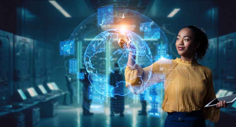 Young black woman operating holographic screen and global communication network concept. Wide angle visual for banners or advertisements.