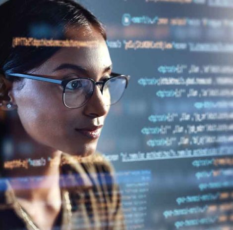 Software, data hologram and woman with code analytics, information technology and gdpr overlay. Programmer coding or IT person in glasses reading html script, programming and cyber security research